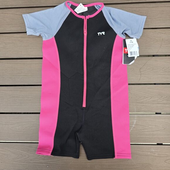 TYR Girls Solid Thermal Swim Suit Zip up Black Pink Grey Size 7/8 New - Picture 1 of 4